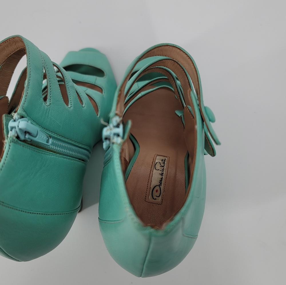 Oscar de la Renta Blue Strappy Dakota Nappa Wedge Sandals Size 35.5 - Picture 9 of 14